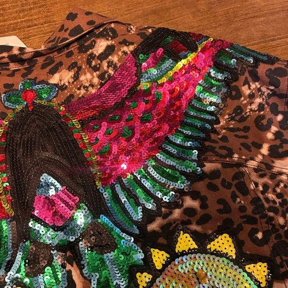 Cheetah Print Bleached Third Eye Sequin Jean Canvas Jacket Boutique NWT - Picture 6 of 6